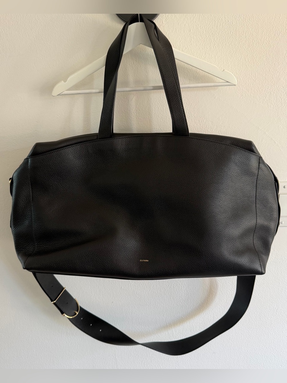 Cuyana Black Pebbled Leather Weekender Bag with Adjustable Strap